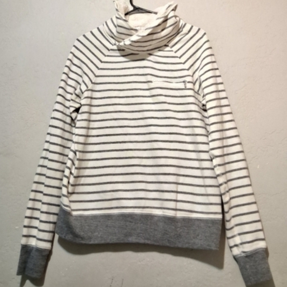 Abercrombie & Fitch Striped Cowl Neck Sweater Fleece Cream/ Gray SzL Sherpa - Picture 13 of 13